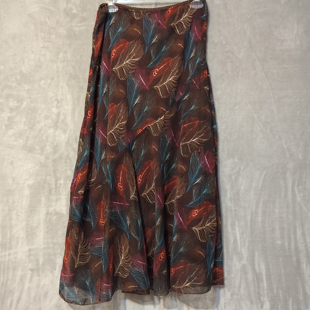 Metro Wear Midi Swing Skirt Womens M Brown Feather Romantic Fairy Print Vtg Y2K